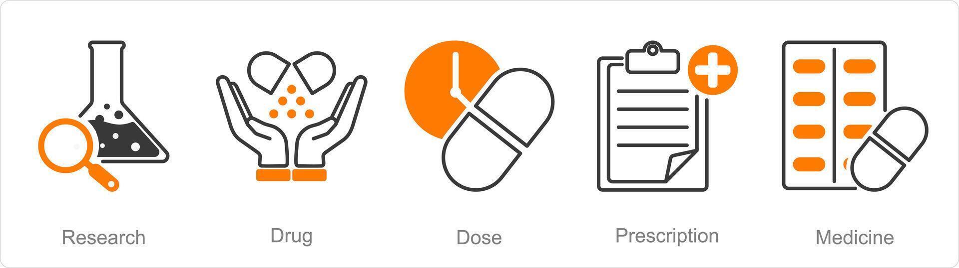 en uppsättning av 5 apotek ikoner som forskning, läkemedel, dos vektor