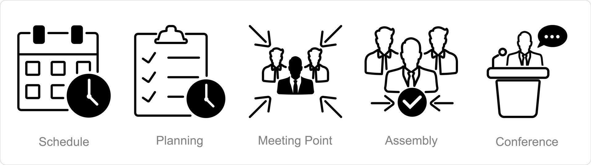 en uppsättning av 5 möte ikoner som schema, planera, möte punkt, hopsättning vektor
