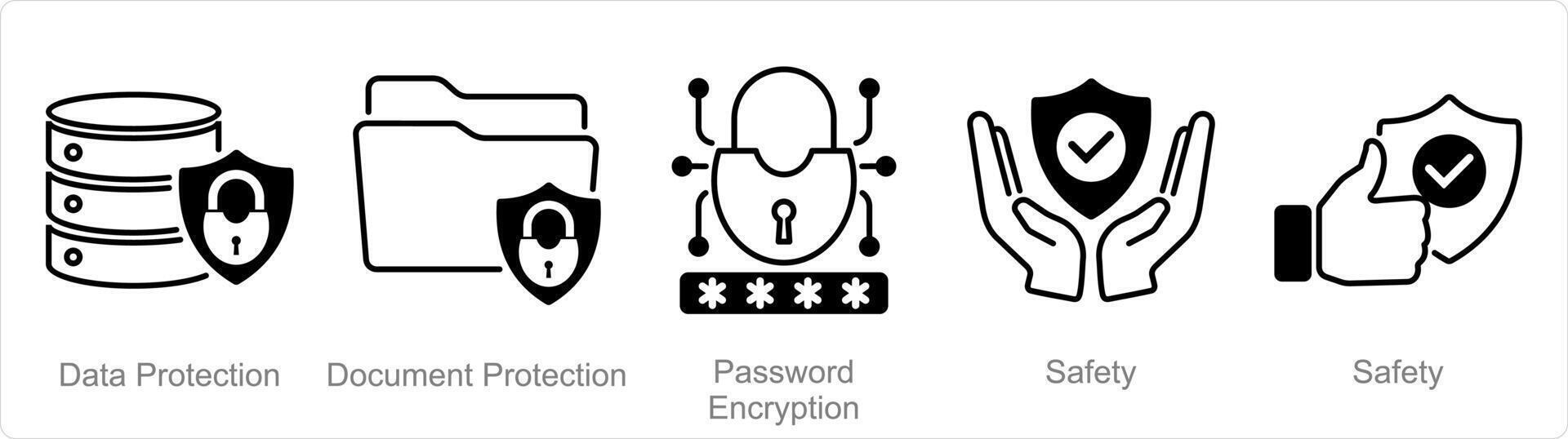 ein einstellen von 5 Sicherheit Symbole wie Daten Schutz, dokumentieren Schutz, Passwort Verschlüsselung vektor