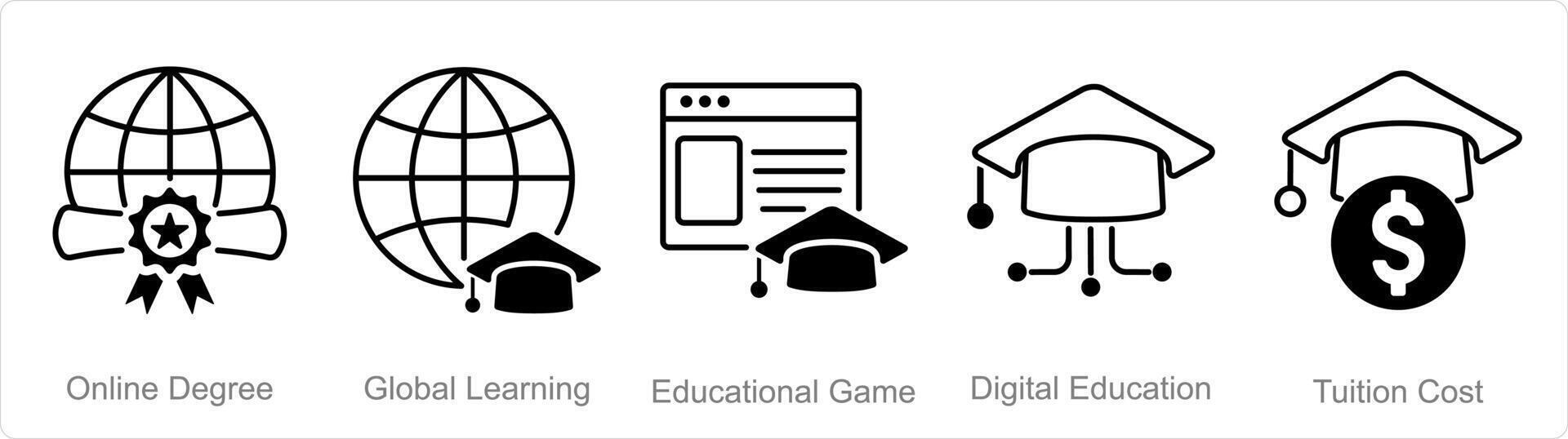 ein einstellen von 5 Online-Bildung Symbole wie online Grad, global Lernen, lehrreich Spiel vektor
