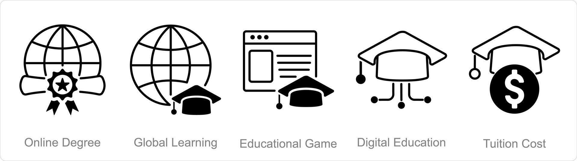 en uppsättning av 5 onlineutbildning ikoner som uppkopplad grad, global inlärning, pedagogisk spel vektor