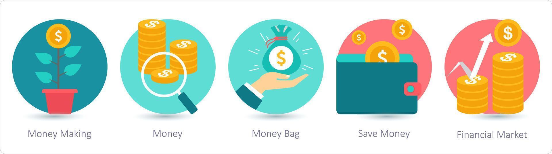 en uppsättning av 5 företag ikoner som pengar tillverkning, pengar, pengar väska vektor