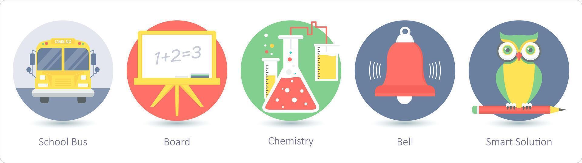 en uppsättning av 5 utbildning ikoner som skola buss, styrelse, kemi vektor