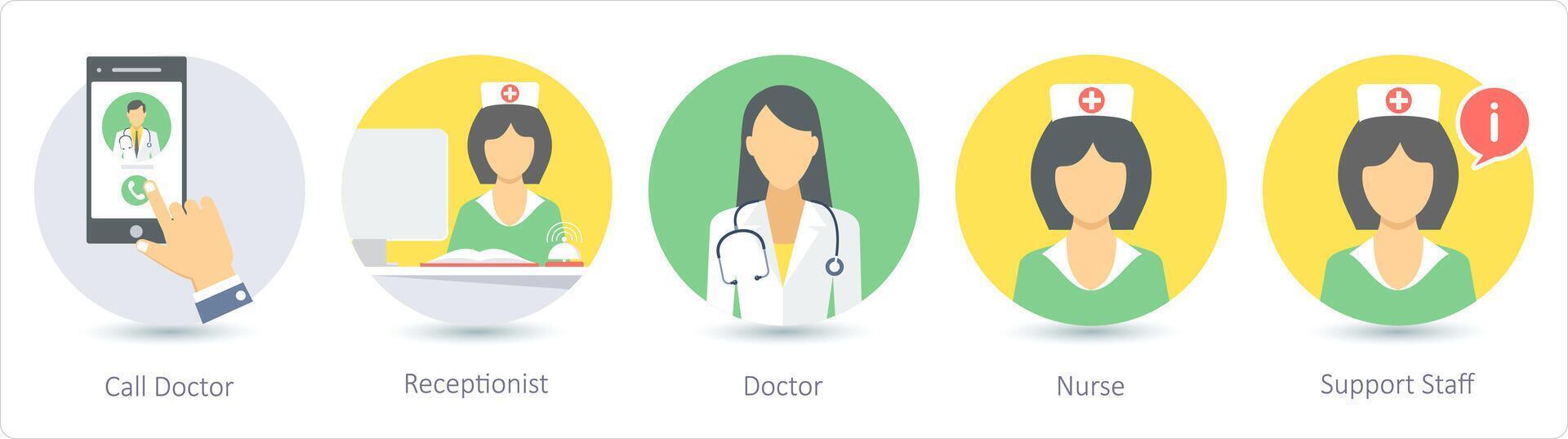 en uppsättning av 5 medicinsk ikoner som ring upp läkare, receptionist, läkare vektor