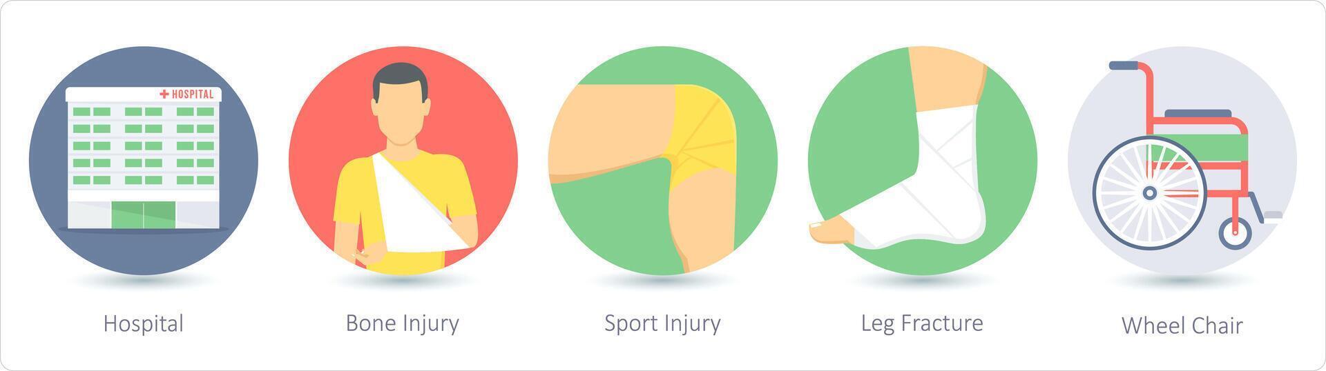 en uppsättning av 5 medicinsk ikoner som sjukhus, ben skada, sport skada vektor