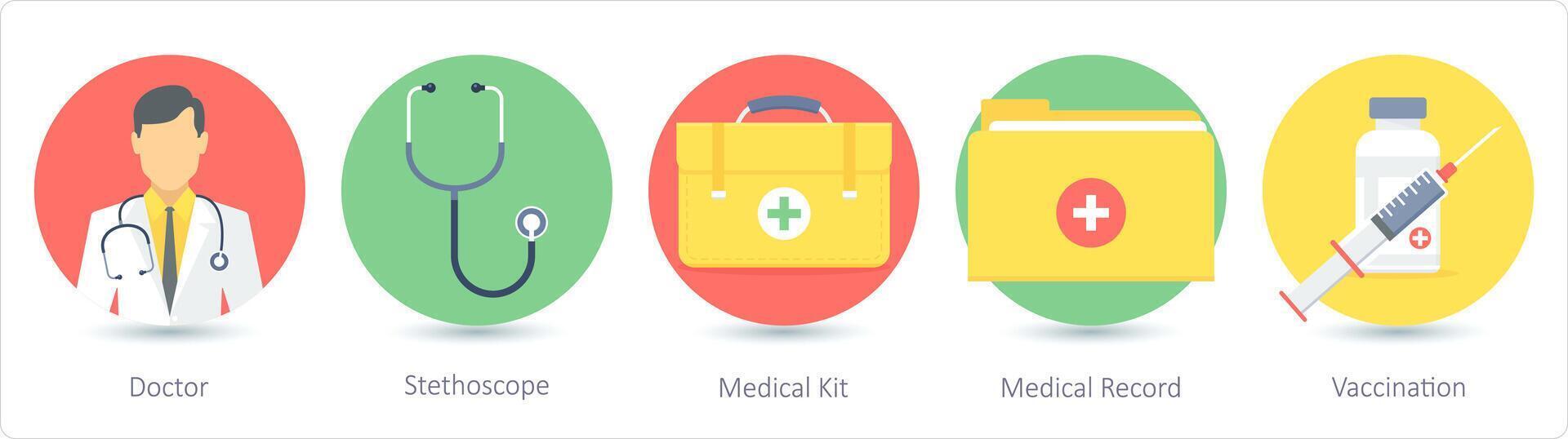 en uppsättning av 5 medicinsk ikoner som läkare, stetoskop, medicinsk utrustning vektor
