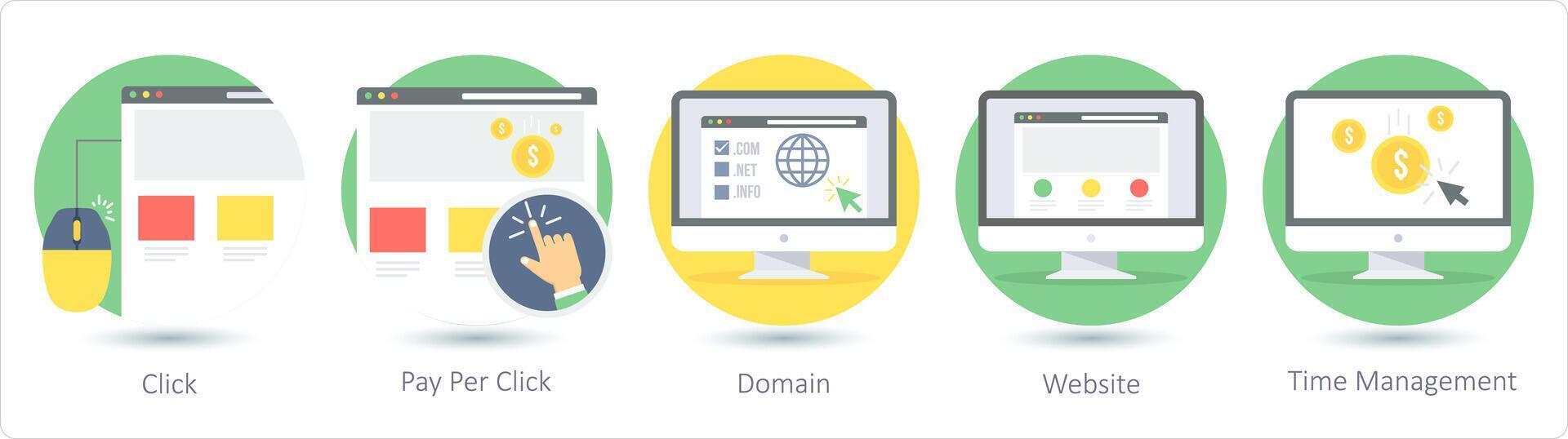 en uppsättning av 5 webb layout ikoner som klick, betala per klick, domän vektor