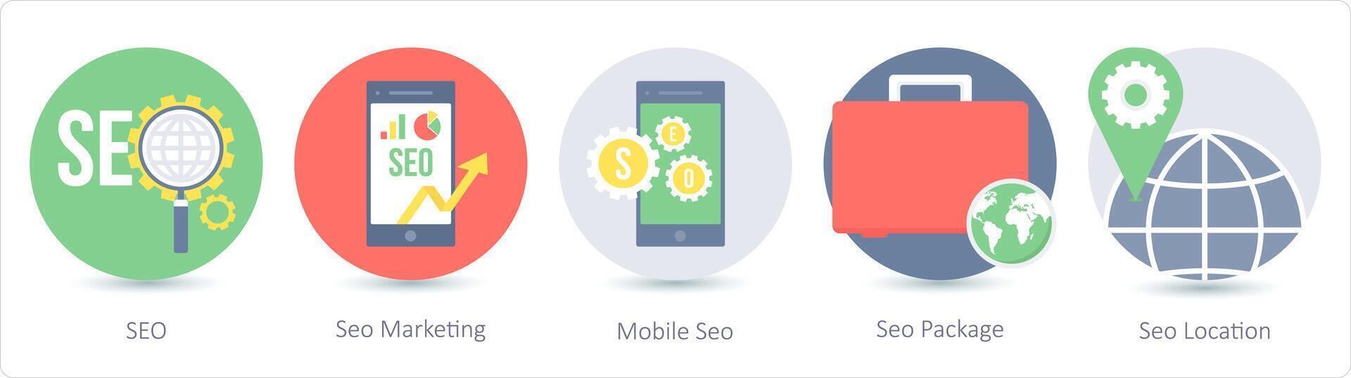 en uppsättning av 5 seo ikoner som seo, seo marknadsföring, mobil seo vektor