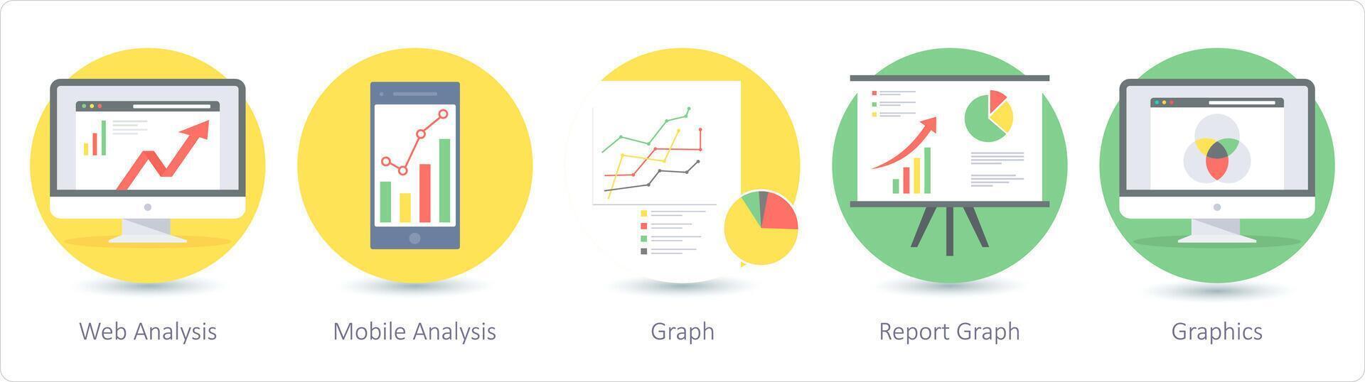 ein einstellen von 5 SEO Symbole wie Netz Analyse, Handy, Mobiltelefon Analyse, Bericht Graph vektor