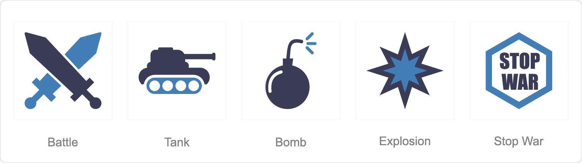en uppsättning av 5 blanda ikoner som slåss, tank, bomba vektor
