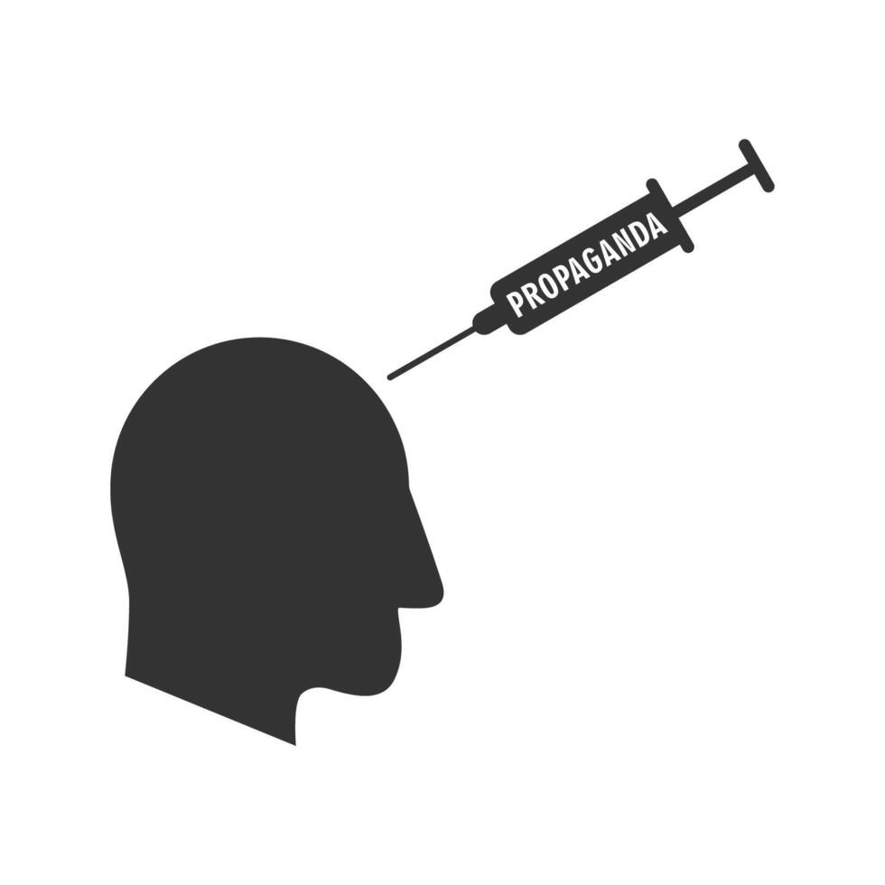 Injektion von Propaganda in das Kopf. Spritze mit Propaganda. Vektor Illustration.