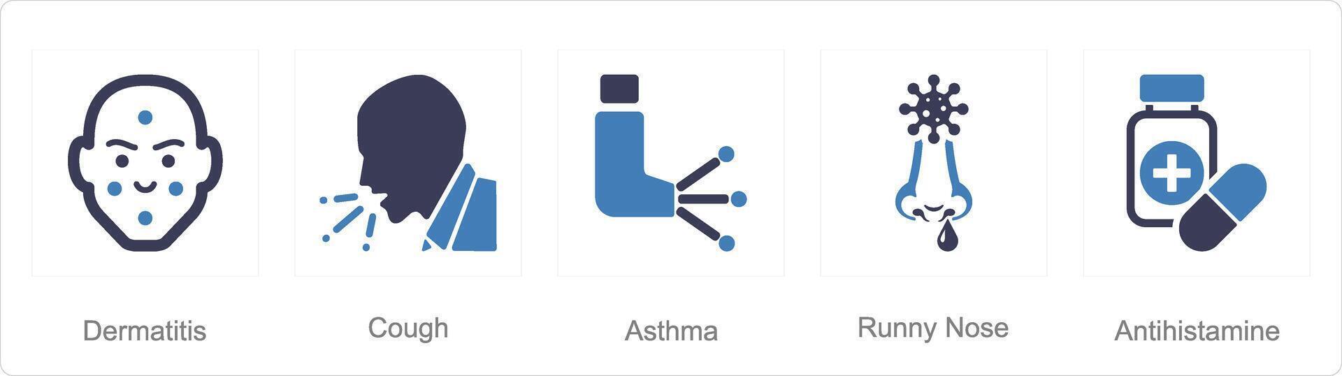 en uppsättning av 5 allergi ikoner som dermatit, hosta, astma vektor
