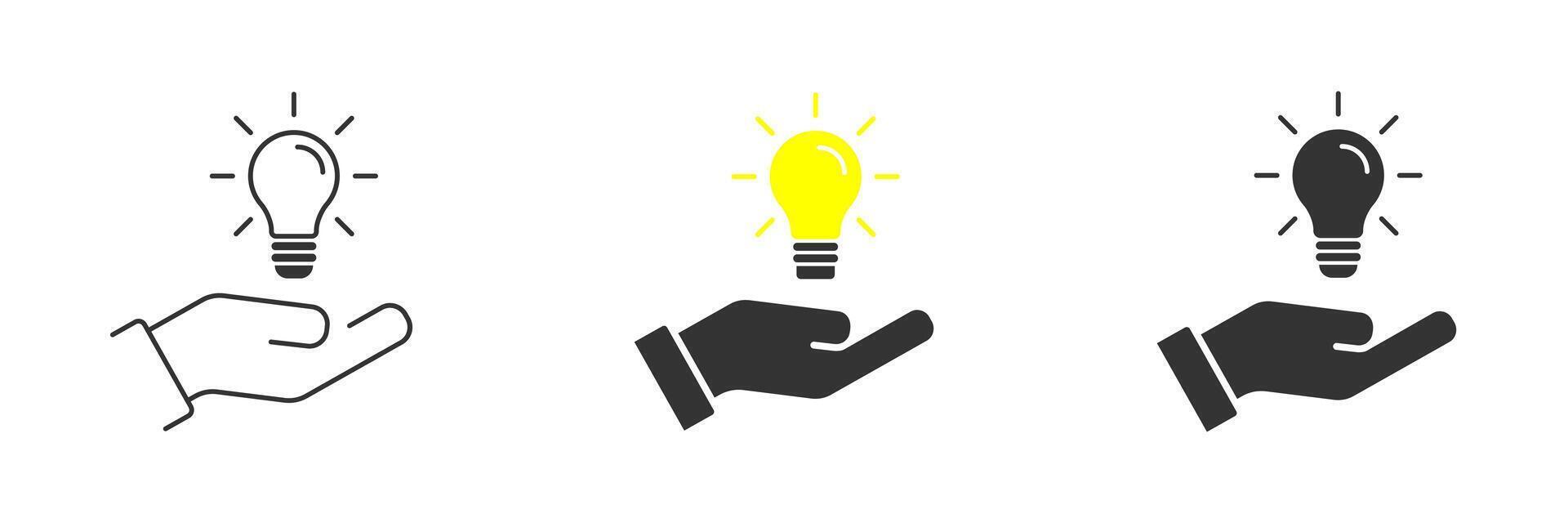 Birne auf ein Hand Symbol. Idee Konzept. Hand mit Lampe Licht. Vektor Illustration.