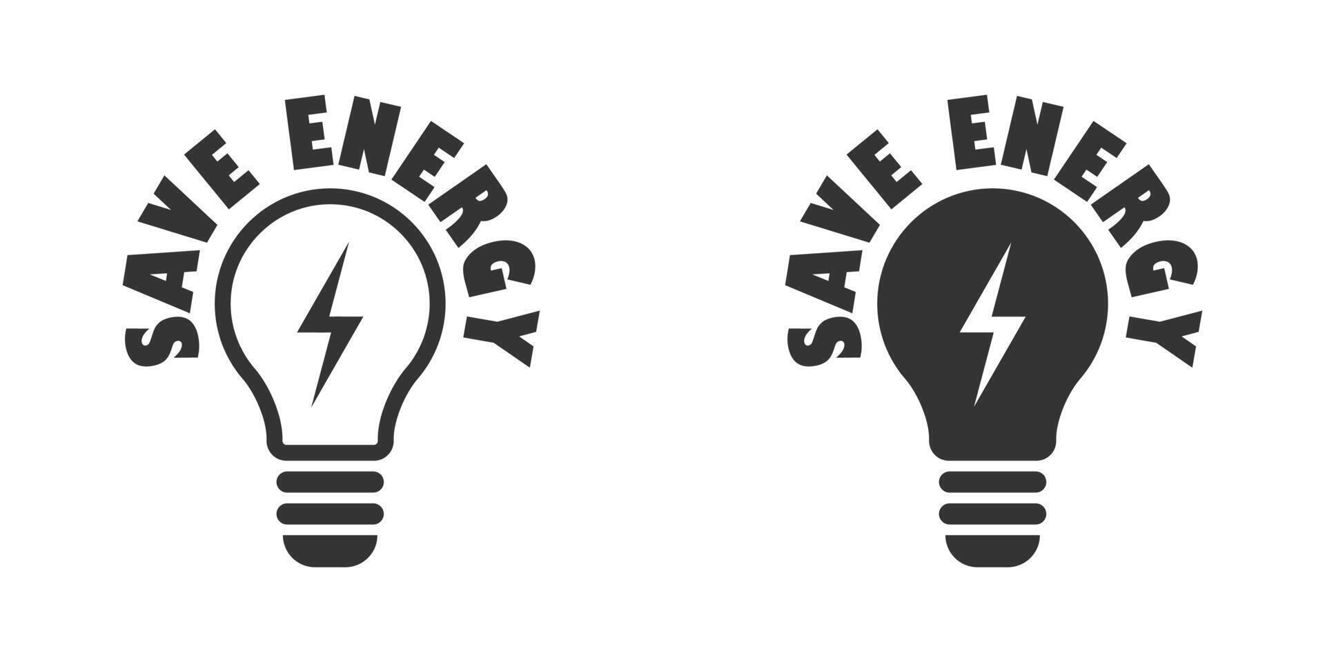 spara energi ikon. Glödlampa med blixt- symbol inuti och text. vektor illustration.