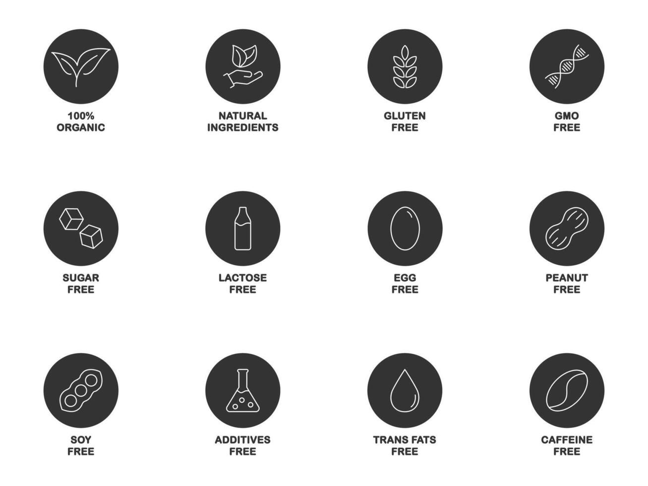 allergen fri ikoner uppsättning. allmänning allergener. diet- allergener ikoner. vektor illustration.