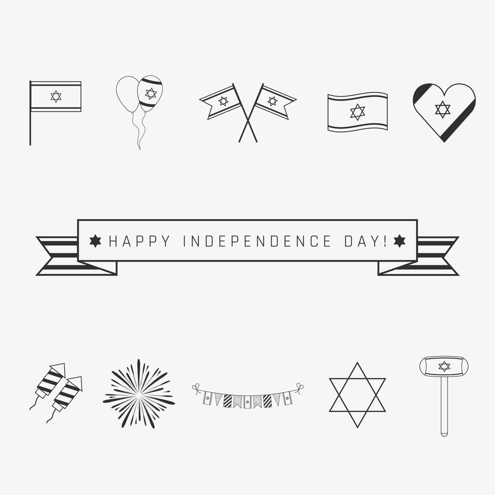 israel unabhängigkeitstag ferienwohnung design schwarze dünne linie ikonen mit text in englisch eingestellt vektor