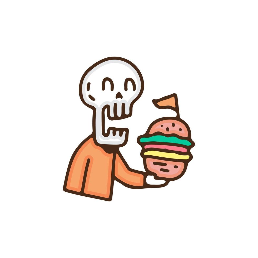 hungrig skalle äta hamburgare i retrostil. illustration för t-shirt, affisch, logotyp, klistermärke eller klädesplagg. vektor