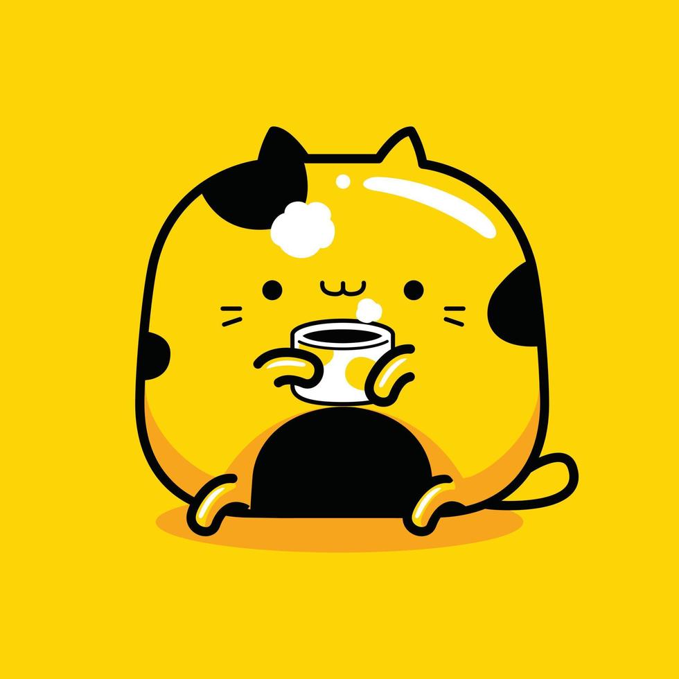 söt katt maskot karaktär dricka varmt kaffe i platt tecknad stil vektor