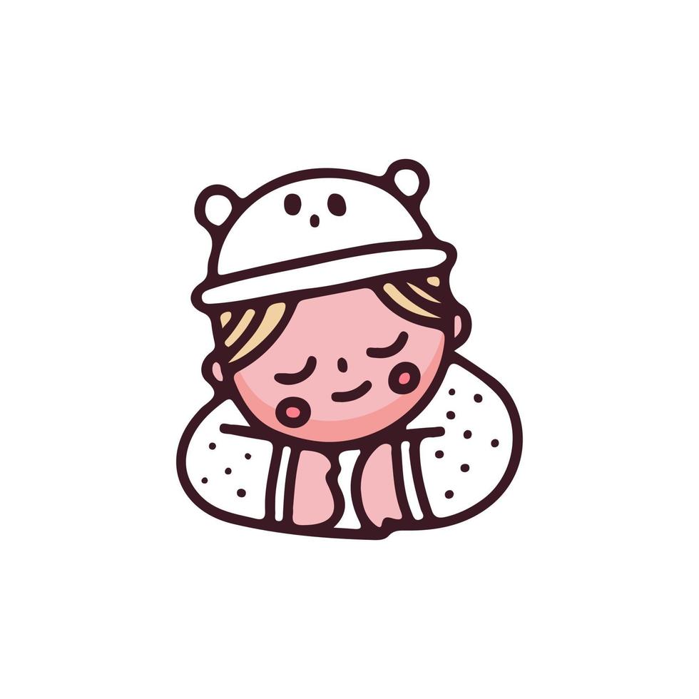 kawaii baby med vit björn hatt sover. illustration för t-shirt, affisch, logotyp, klistermärke eller klädesplagg. vektor
