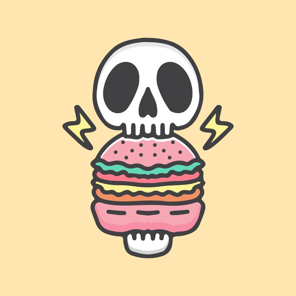 lustiger Schädel essen Burger-Cartoon, Illustration für Aufkleber und T-Shirt. vektor