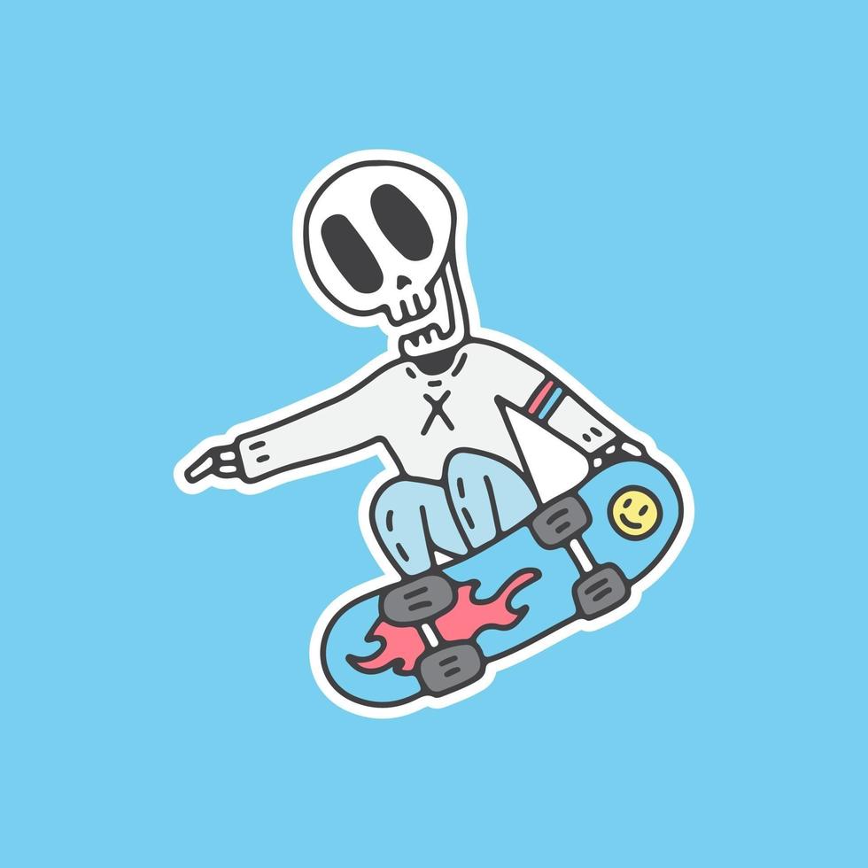 cool skelett freestyle med skateboard. illustration för t-shirt, affisch, logotyp, klistermärke eller klädesplagg. vektor