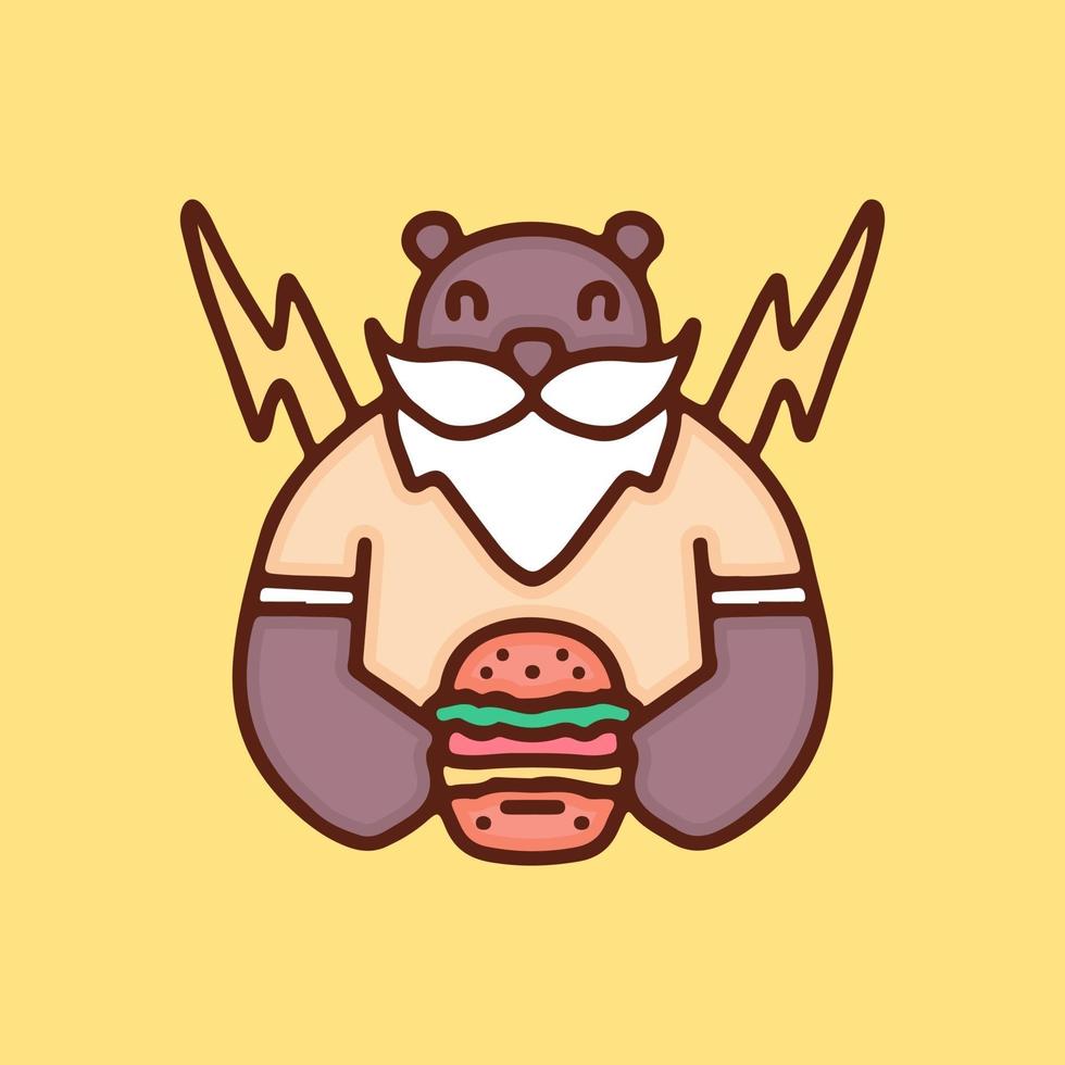 süßer bärtiger Bär mit Burger-Cartoon, Illustration für Aufkleber und T-Shirt. vektor