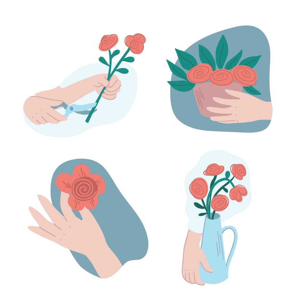 Hände, die Blumenkompositionen kreieren, Stiele schneiden, Blumen in Töpfen und Vasen arrangieren vektor