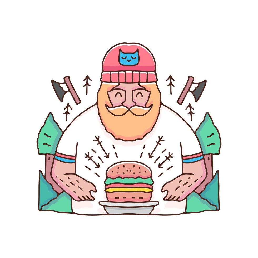 bärtiger Holzfäller mit Burger-Illustration. Vektorgrafiken für T-Shirt-Drucke und andere Zwecke. vektor