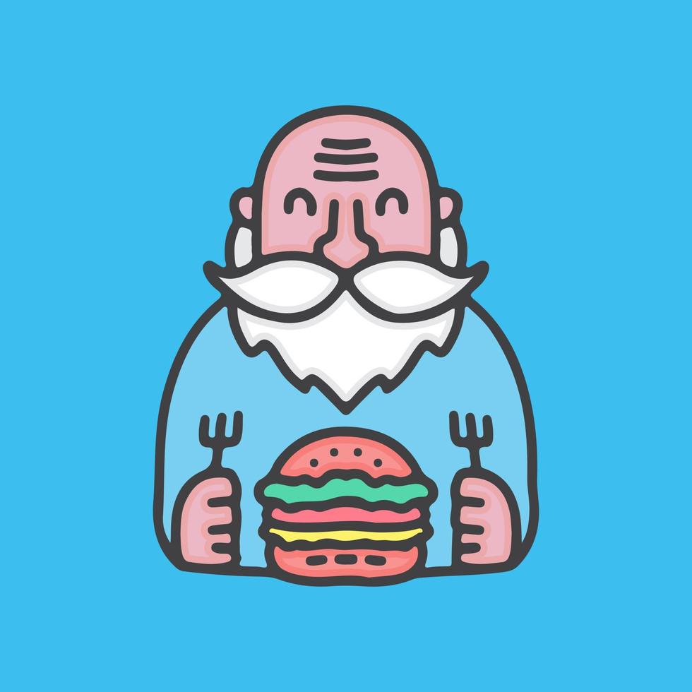 süßer bärtiger alter Mann mit Burger-Cartoon, Illustration für Aufkleber und T-Shirt. vektor