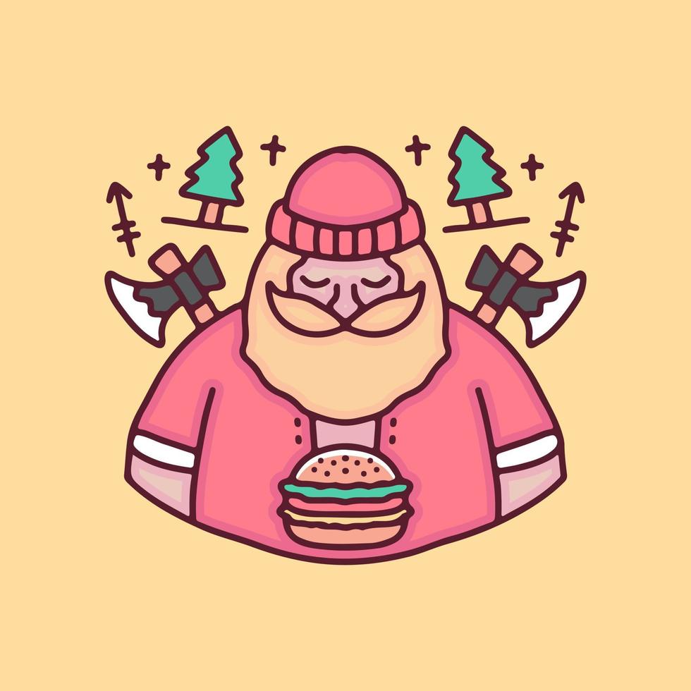 söt skogshuggare med hamburgare tecknad film, illustration för klistermärken och t-shirt. vektor