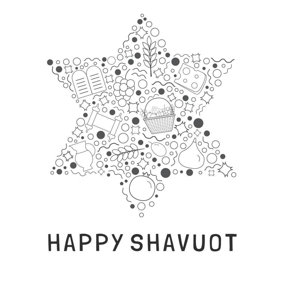 shavuot semester platt design svart tunn linje ikoner i stjärna av david form med text på engelska vektor