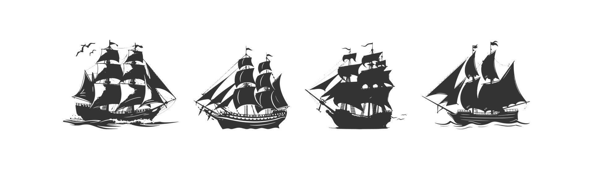 Segeln Schiff Silhouette Symbol Satz. Vektor Illustration Design.