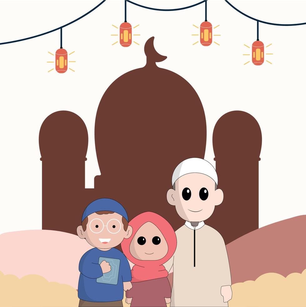 Charakter süß Ramadhan Konzept Illustration glücklich Muslim feiern heilig Monat Ramadhan Moschee Sillhouette Vektor Illustration