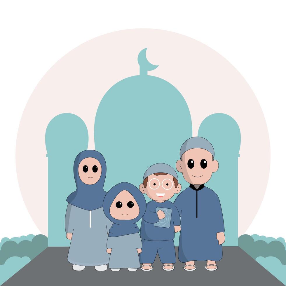 karaktär söt Ramadhan begrepp illustration Lycklig muslim familj fira helig månad Ramadhan moské sillhouette vektor illustration