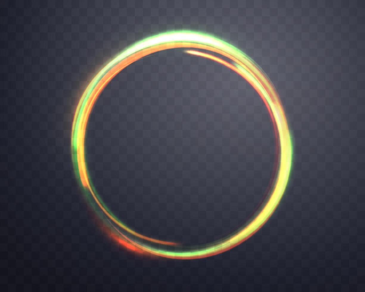 grön magi ringa med lysande. neon realistisk energi blossa halo ringa. abstrakt ljus effekt på en mörk bakgrund. vektor illustration.