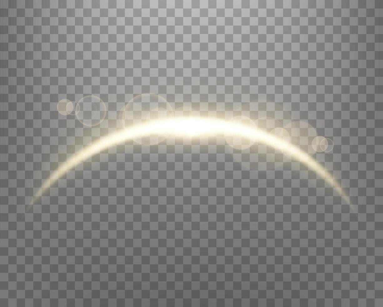 Gold Magie Bogen mit glühend Partikel, Sonnenlicht Linse aufflackern. Neon- realistisch Energie Fackel Bogen. abstrakt Licht Wirkung. Vektor Illustration.
