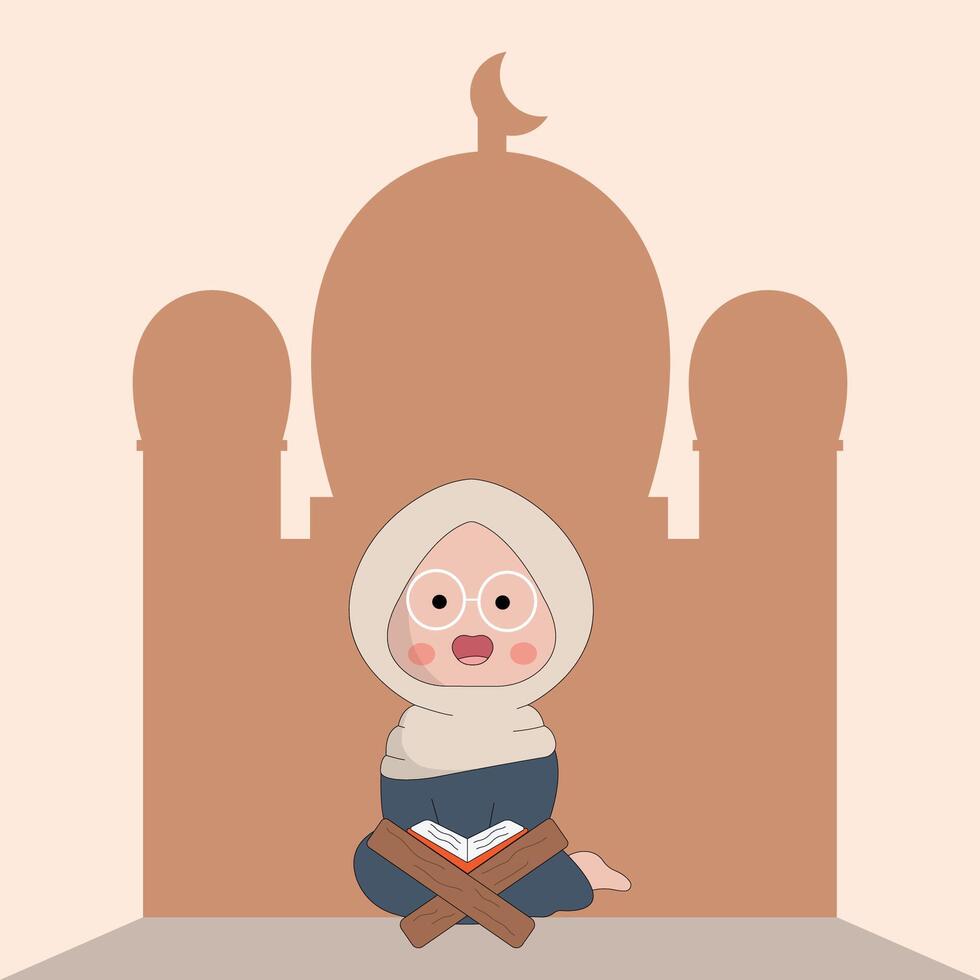 Charakter süß Ramadhan Konzept Illustration glücklich Muslim Familie feiern heilig Monat Ramadhan Moschee Sillhouette Vektor Illustration