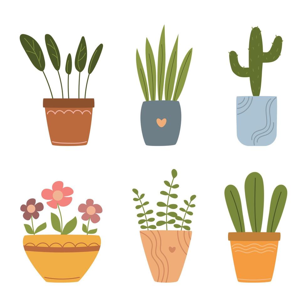 Sammlung von Zuhause Töpfe mit Blumen und Pflanzen, Innen- Pflanzen, Vektor Illustration im eben Stil auf ein Weiß Hintergrund