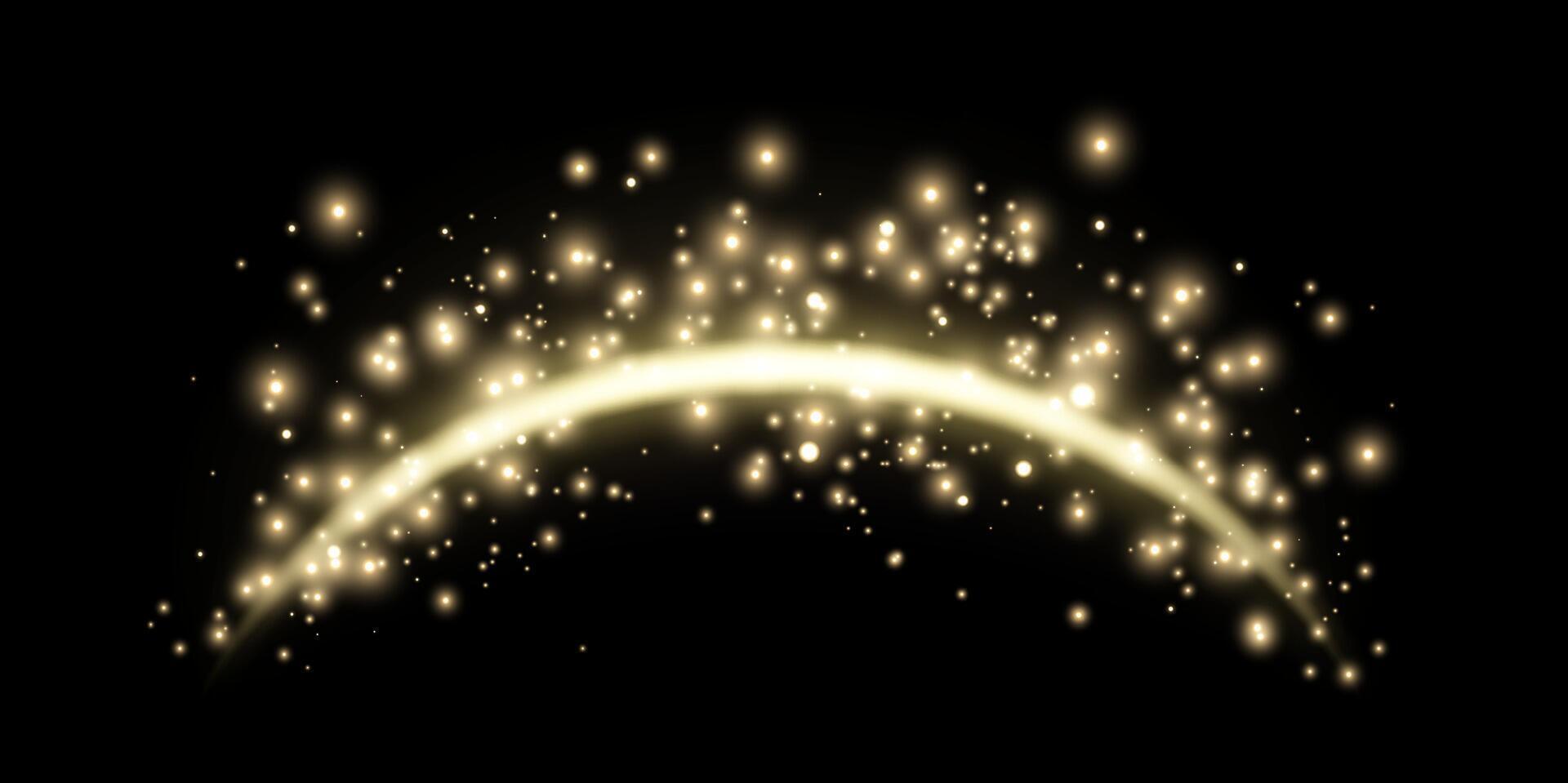 guld magi båge med lysande partiklar, solljus lins blossa. neon realistisk energi blossa båge. abstrakt ljus effekt på en svart bakgrund. vektor illustration.