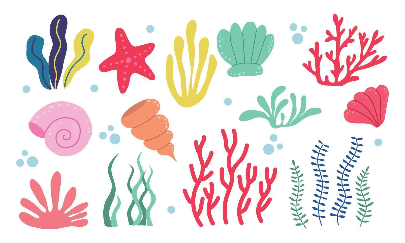 Sammlung von Algen, unter Wasser Meer Pflanzen, Muscheln. vektor