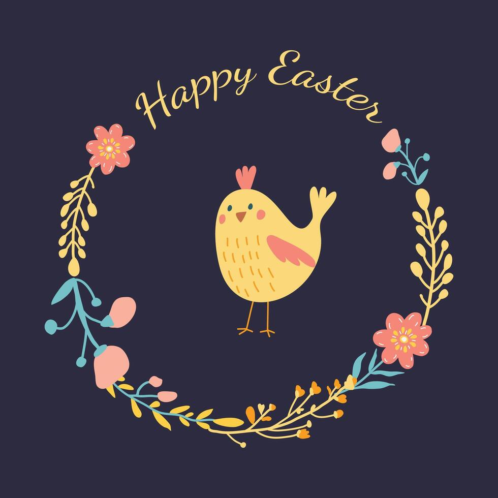 glücklich Ostern. Kranz mit Vogel und Blumen vektor
