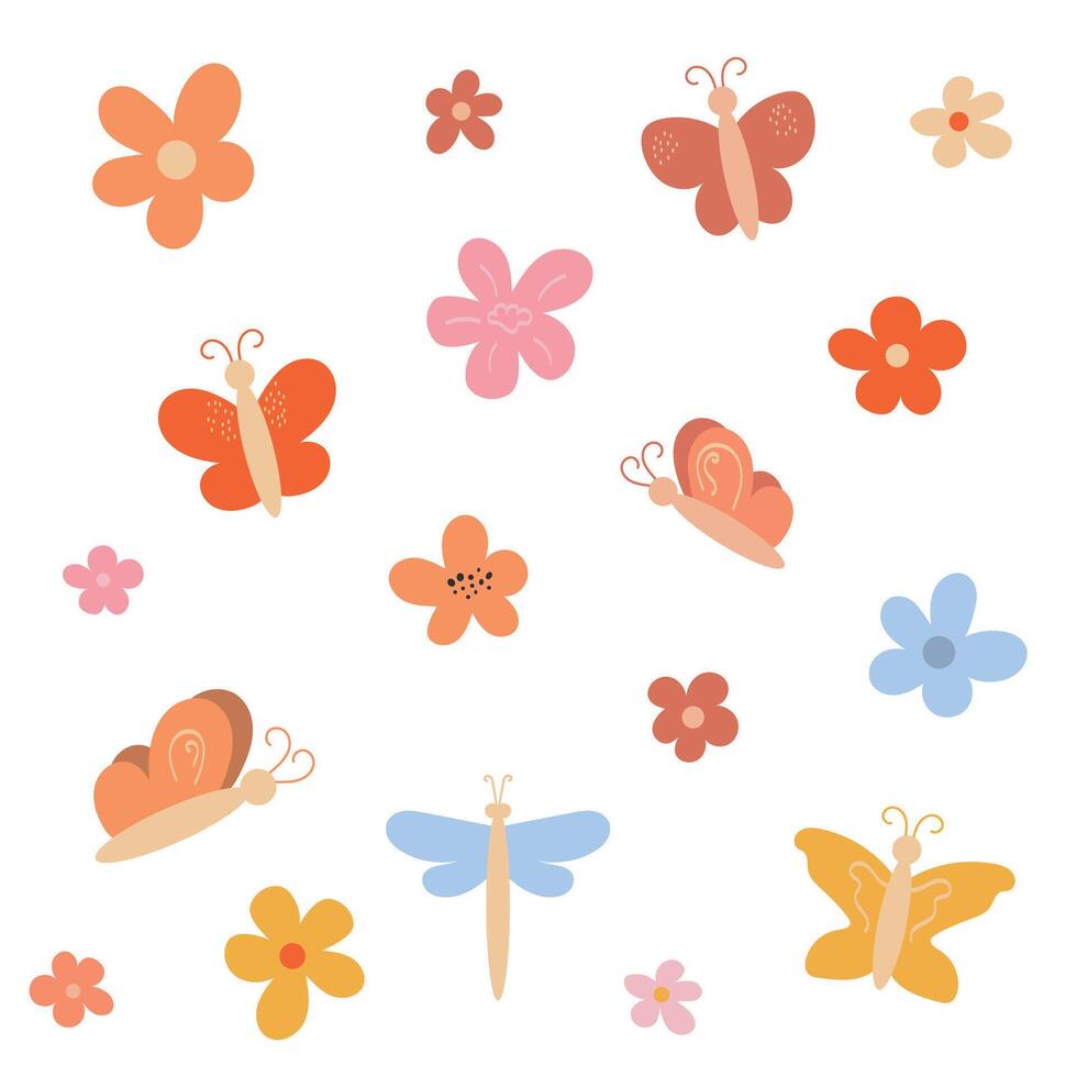 vektor sommar uppsättning av fjärilar, sländor och blommor, i platt stil, blommor ClipArt