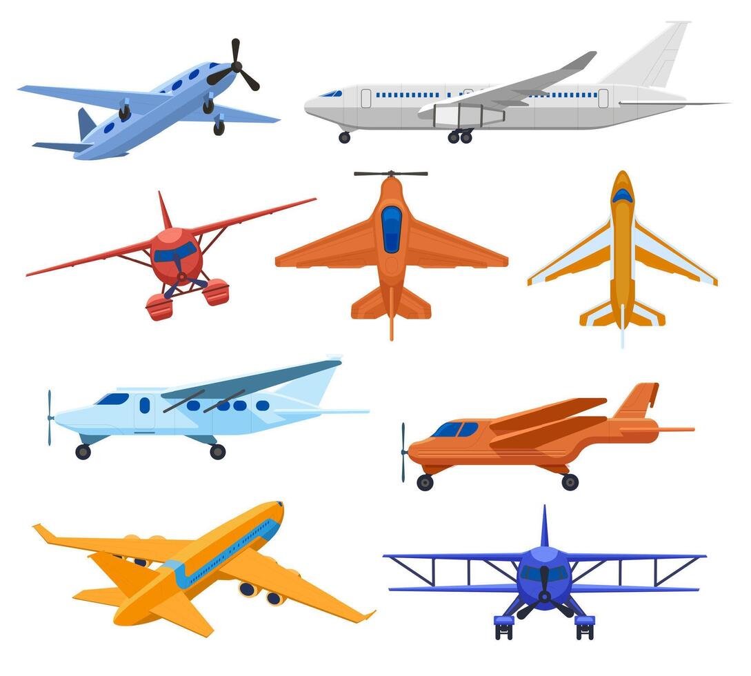 Flugzeug Jets. Flug Fahrzeuge, Passagier Jet Flugzeug, Privat Flugzeug und Ladung Bedienung Ebene. kommerziell Luftfahrt Flugzeuge Vektor Abbildungen