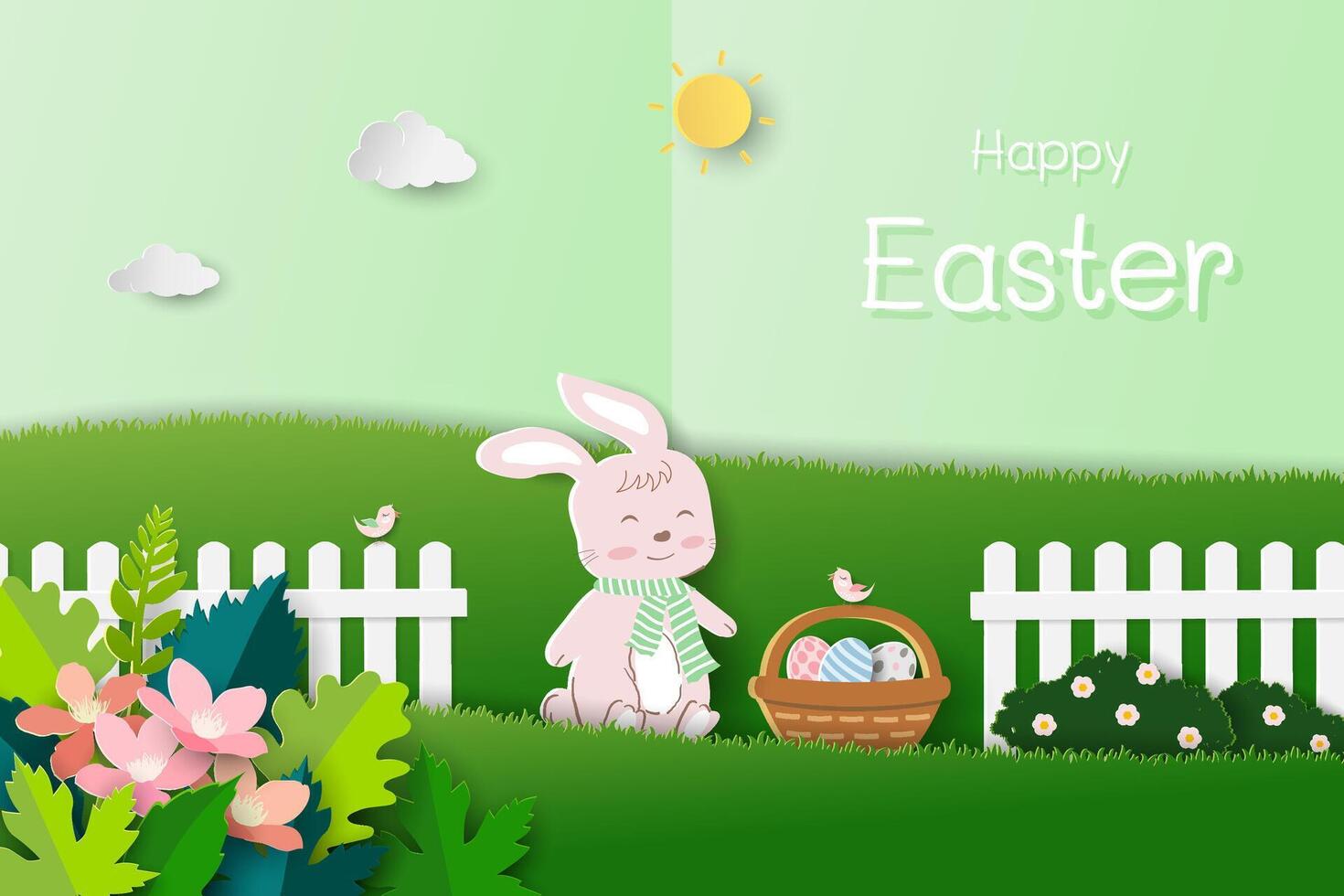glücklich Ostern Hintergrund mit süß Hase und Ostern Eier im das Garten vektor