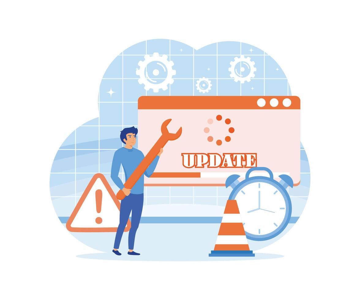 System aktualisieren. winzig Programmierer Upgrade durchführen Betriebs System. es Spezialisten Aktualisierung Software, Programme Service. Netz Seite mit Aktualisierung Fortschritt Bar und Alarm Uhr. eben Vektor modern Illustration