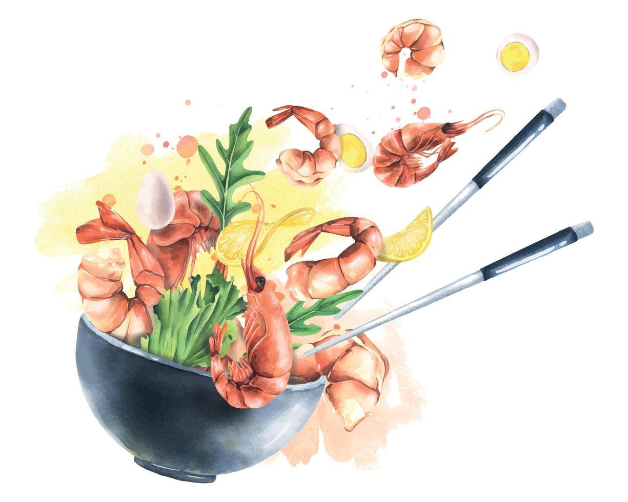 schweben Garnele im ein Keramik Schüssel mit Grüner Salat Blätter, Rucola, Zitrone, Eier und Essstäbchen auf ein Weiß Hintergrund mit Aquarell Flecken. Illustration von das Garnele Sammlung. zum Dekoration vektor