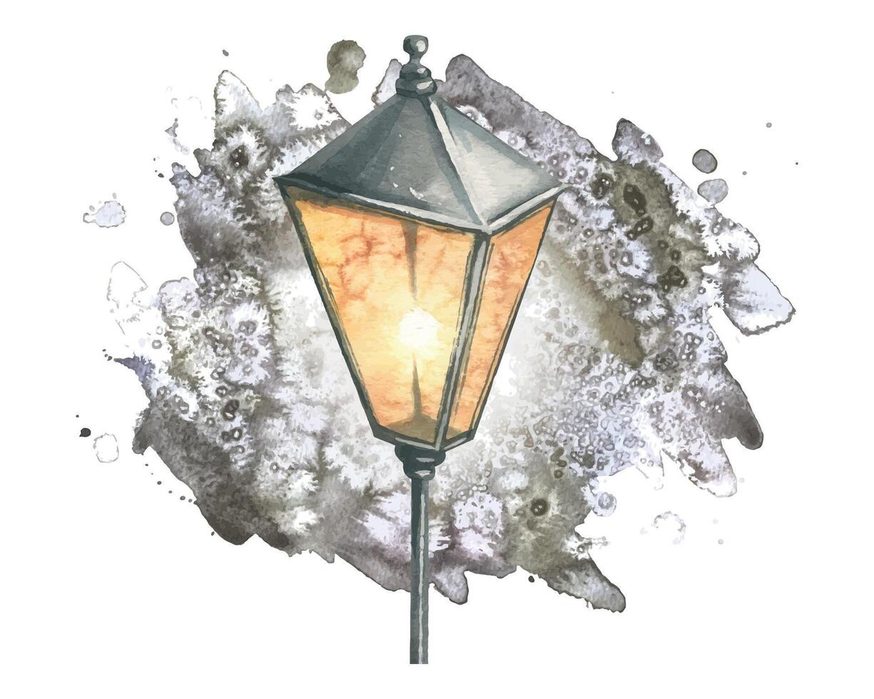 Aquarell Illustration von ein Straße Lampe. ein Verbrennung Laterne auf ein Pole, einfach, Schwarz, isoliert. vektor