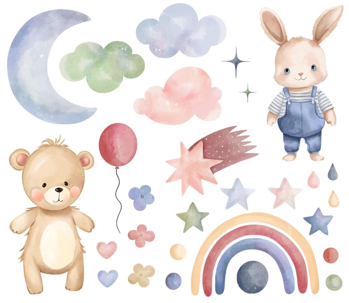 Aquarell Teddy tragen, Hase. einstellen von Vektor Hand gezeichnet Kindergarten Elemente, Wolken, Regenbogen, Sterne, Aufkleber