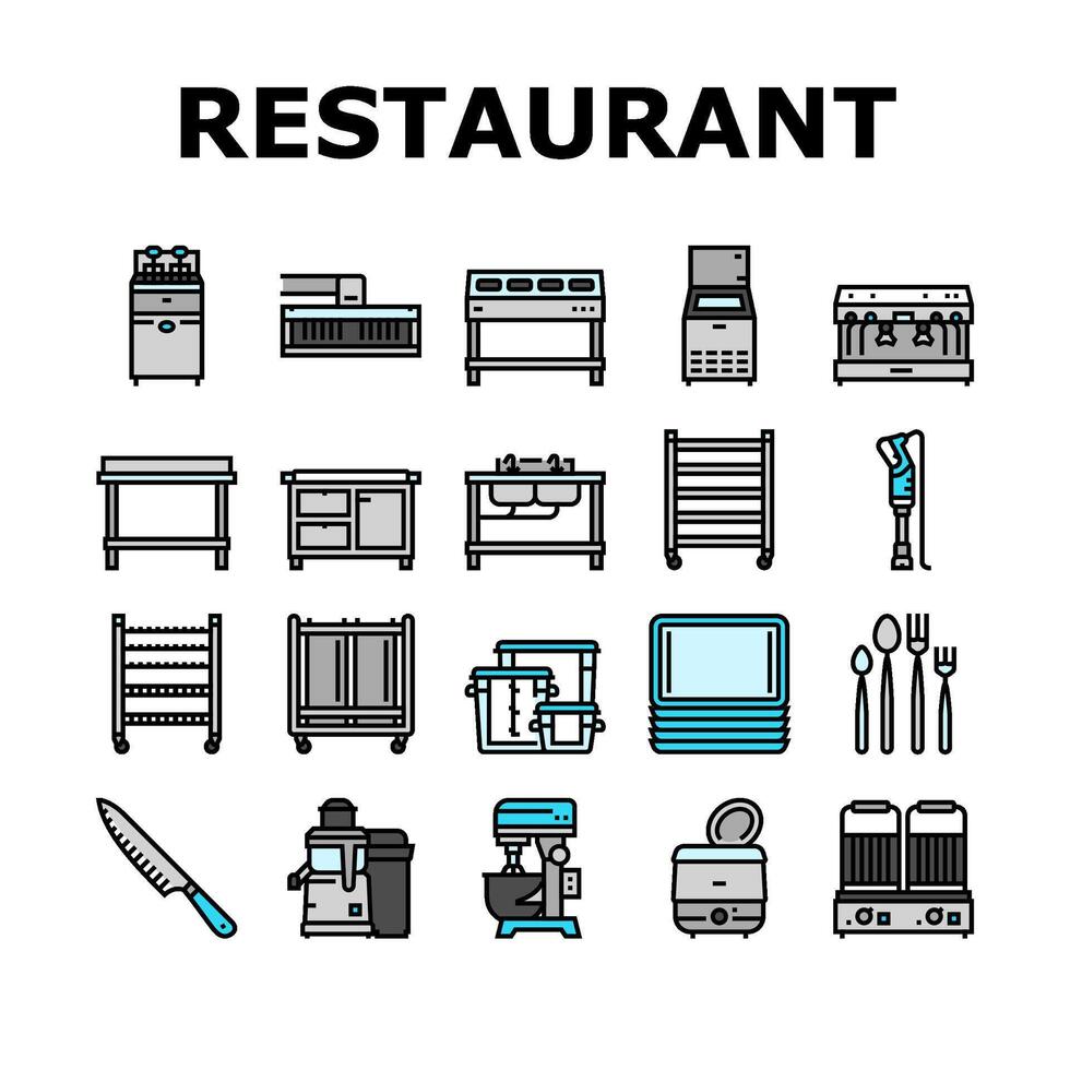 Restaurant Ausrüstung Küche Cafe Symbole einstellen Vektor
