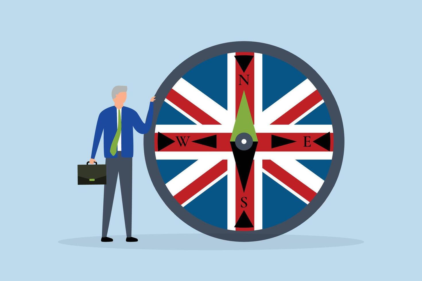 Storbritannien, förenad rike ekonomisk riktning, riktning kompass med union domkraft Storbritannien flagga med affärsman ledare. vektor